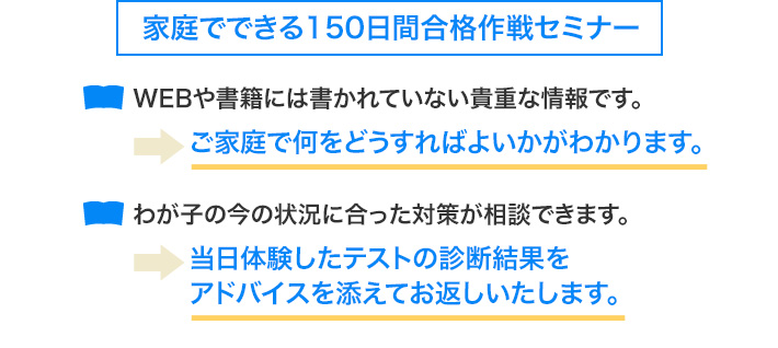 ミニ・セミナー 家庭でできる150日間合格作戦　●Webや書籍には決して書かれていない貴重な情報です⇒家庭で何をどうすれば良いかがわかります。●幼児教室の賢い使い方もご紹介します ●わが子の今の状況に合った対策が相談できます⇒当日体験したテストの診断結果をアドバイスを添えてお返しします